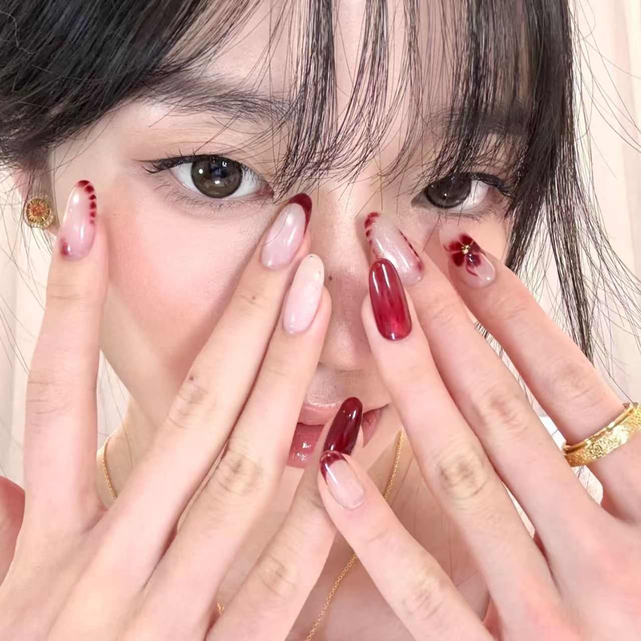 10pcs Handmade Oval Press On N - огляд і ціна Nail Art Red Wine Cat Eye