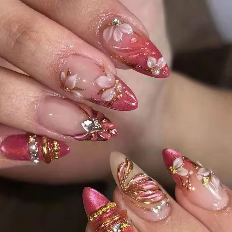 24Pcs Almond Press on Fake Nai - огляд і ціна Nail Art Red Wine Cat Eye